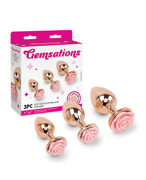 Gemsations 3 pc 2.75" & 3.15" & 3.7" Rose Metal Butt Plug Training Set - Rose Gold